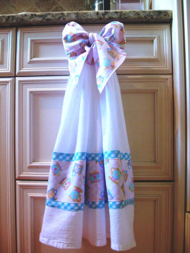 Large Tie On Double  Flour Sack Kitchen Towel- Vintage Inspired Tea Cup Print and Aqua Blue Gingham