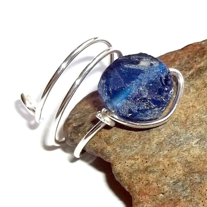 Ancient  Roman Glass Cobalt Blue Ring Sterling Silver Adjustable earthegy