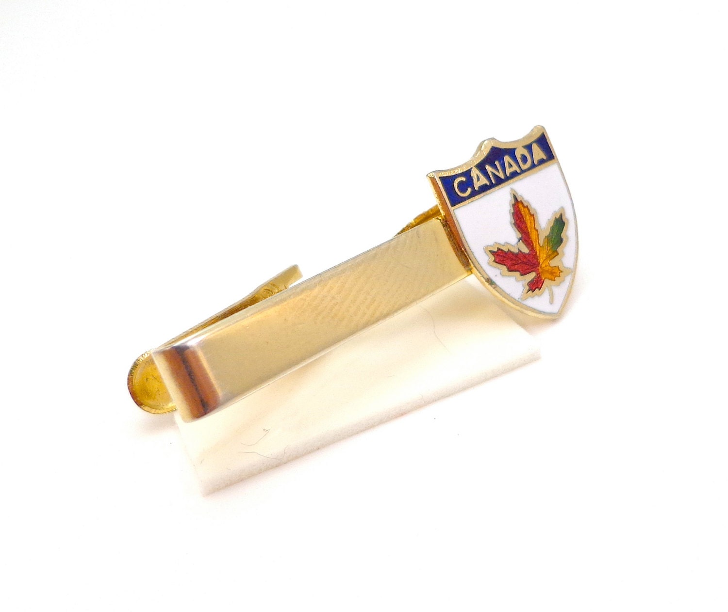 Vintage Gold Tone Tie Clip Canada Canadian Maple Leaf Red Orange Green 1960s