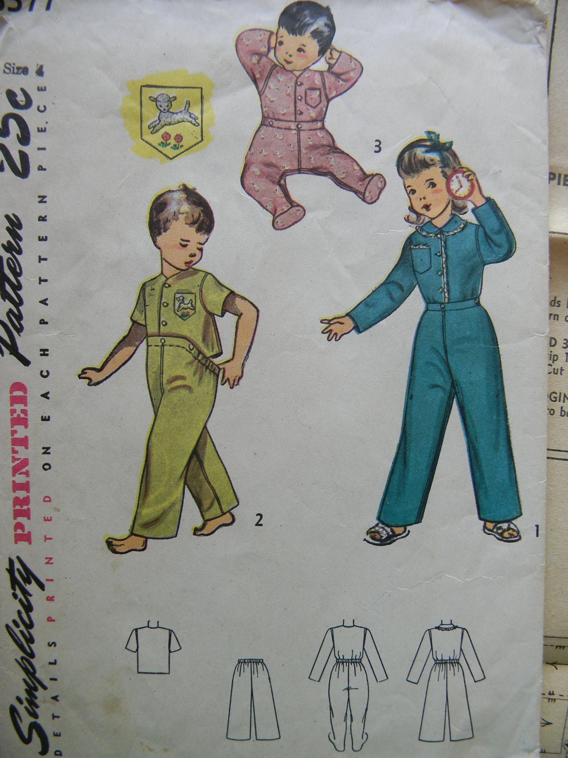 Vintage 1950s Simplicity 3377 pattern Toddlers Two Piece Pajamas included size 4