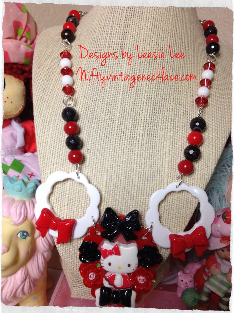 Fancy Kitty Necklace Red and Black Smoke Quartz Beads Very Pretty Raver Kawaii Statement necklace