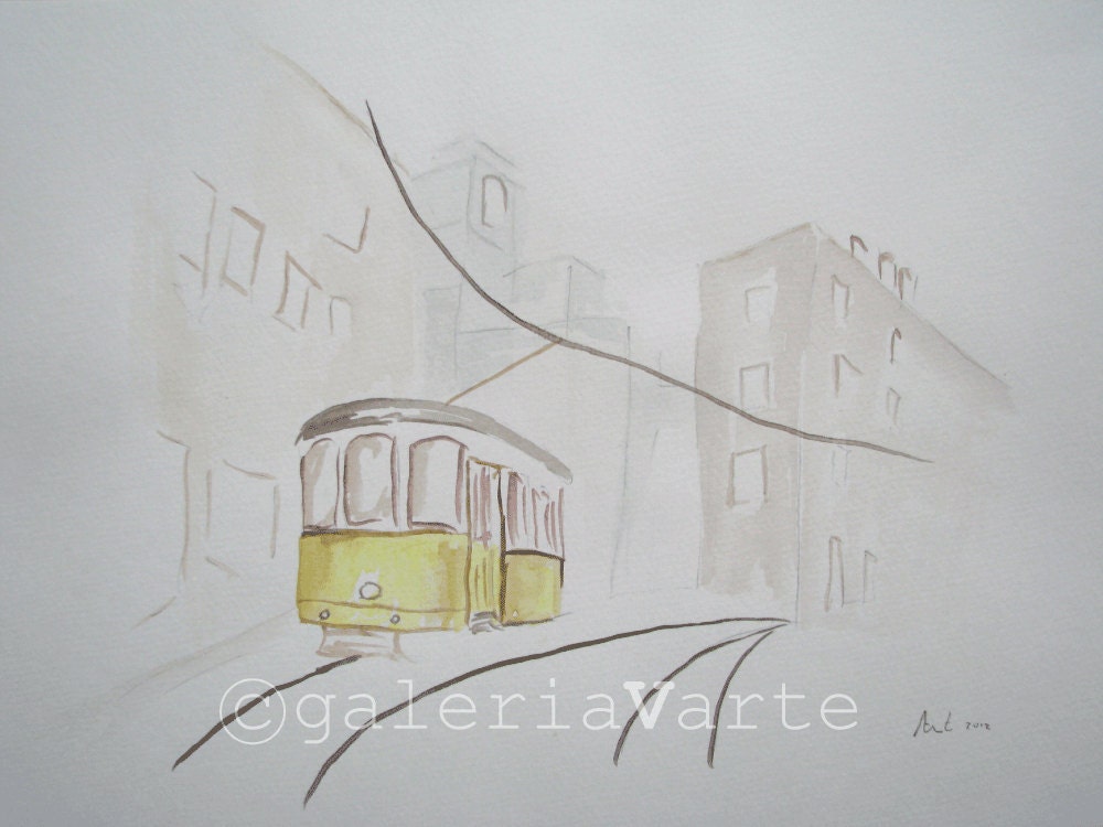 Watercolor painting - Old Yellow tram 28 - europeanstreetteam