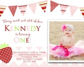 STRAWBERRY INVITATION Birthday Party Printable with photo, chevron, polka dot and stripe banner