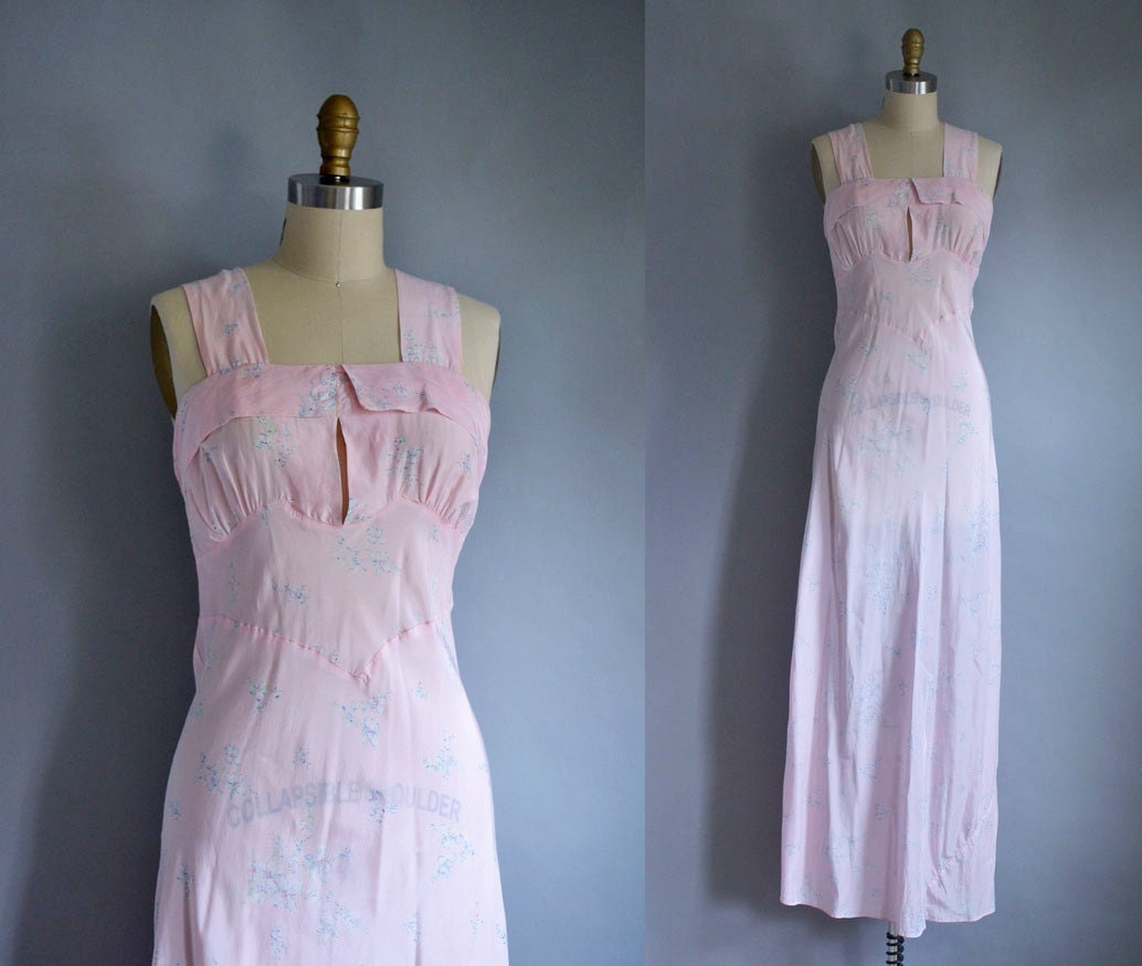 1940s Bias Cut Nightgown / 40s Pink Floral Rayon Slip