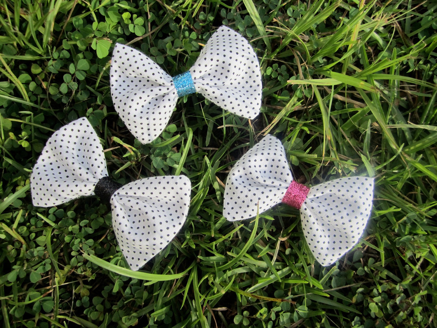 SALE - Fabric Hair Bow Trio Set: Turquoise, Pink and Black & White Handmade Polka Dot Bows