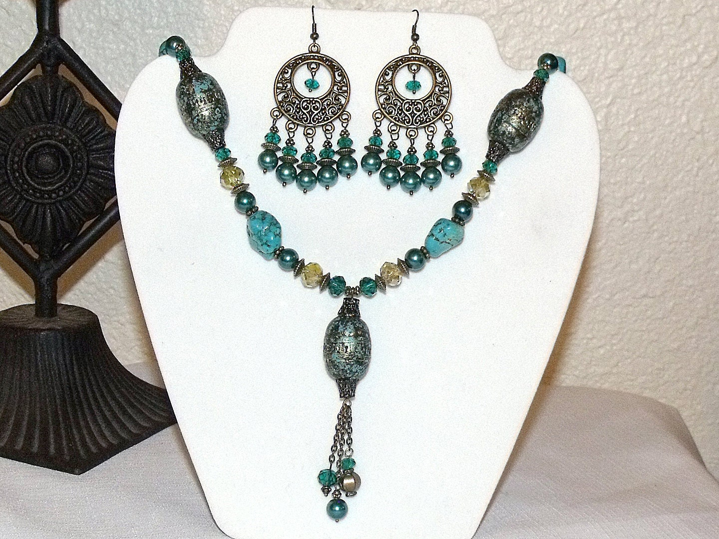 Turquoise Necklace and Chandelier Earrings - Long Bohemian Necklace with Tassel Pendant