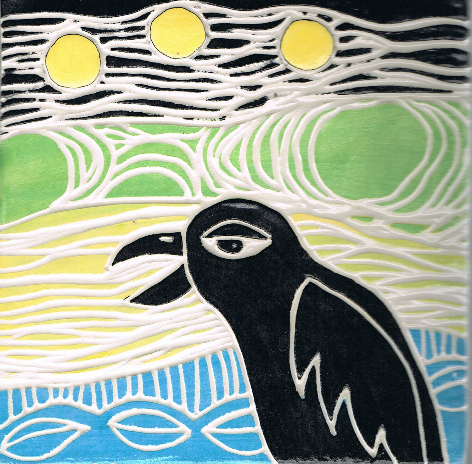Carved Raven Ceramic Tile