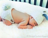 Easter Bunny Hat and Diaper Cover Baby set with Natural Wooden Buttons. Organic Cotton.Cream, Light blue. Photography prop.