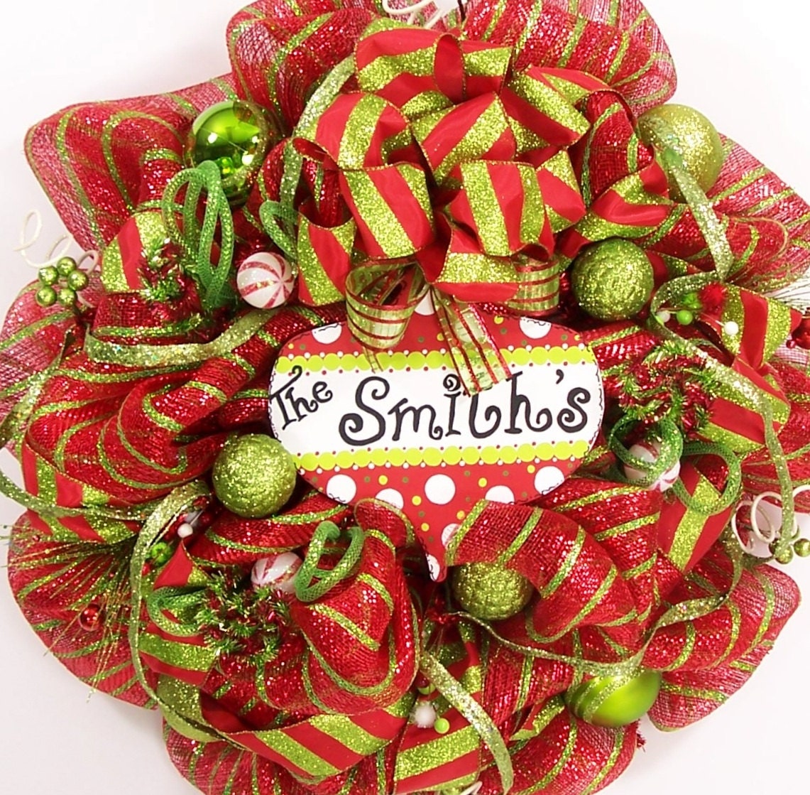 Christmas mesh wreath deco personalized whimsical Holiday polka dot ornament red lime green door decor decoration hanging