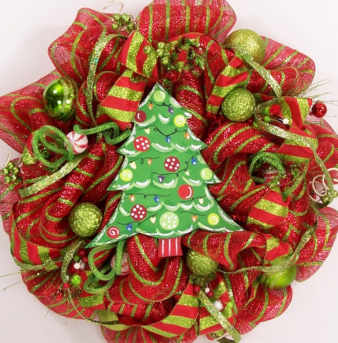 Christmas mesh wreath whimsical tree Holiday polka dot luxe luxury red lime green door deco decor decoration hanging