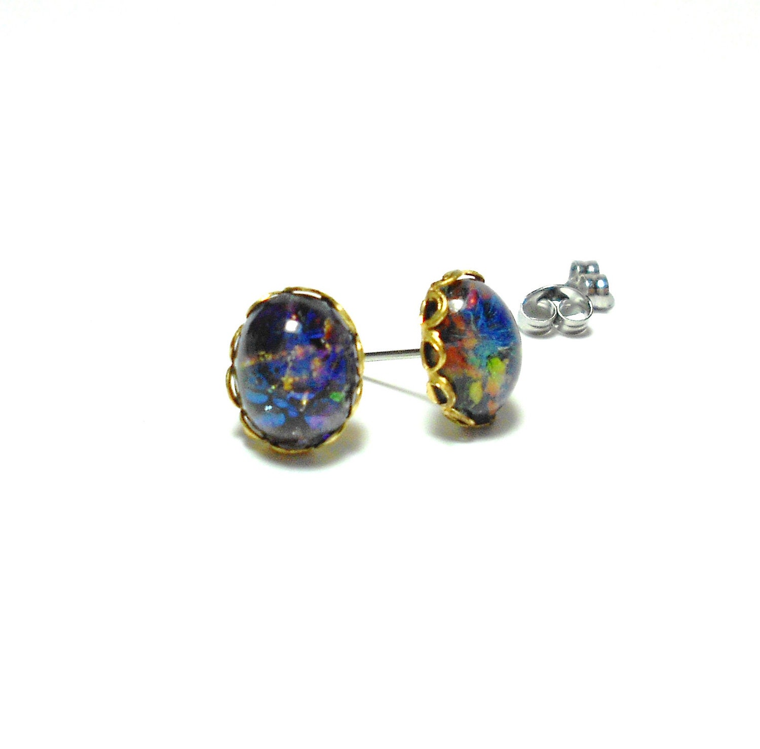 Vintage Black Opal Glass Stud Earrings - Estate Jewelry - Galaxy Studs