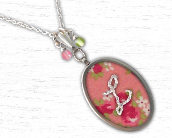 Hand Embroidered Necklace - Design your own Custom Monogram Initial Letter Necklace Pendant With Chain - Floral Pattern