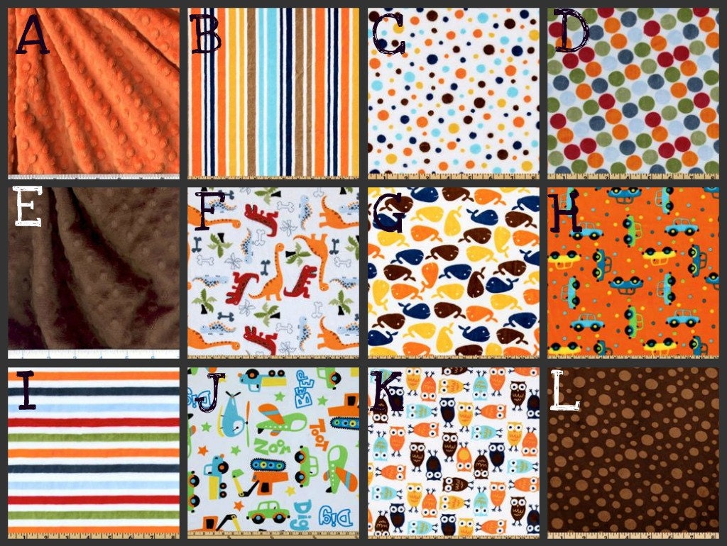 Custom Crib Bedding - 2 piece set in Orange, Brown Minky fabrics   (Bumpers/Straight Box Skirt)