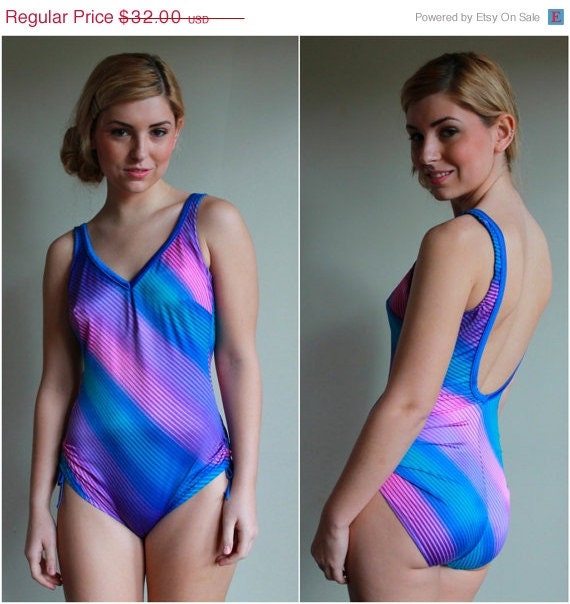 SUMMER SALE 30% OFF Vintage 80s Swimsuit / One Piece Bathing Suit / Pastel Diagonal Stipes  /  Osfm