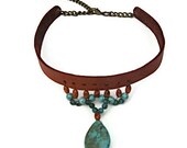 SALE Leather Choker with turquoise and gemstone beads (adjustable)