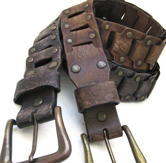 Men's Belt Rustic Link Faded Black or Faded Brown Leather Antique brass Buckle