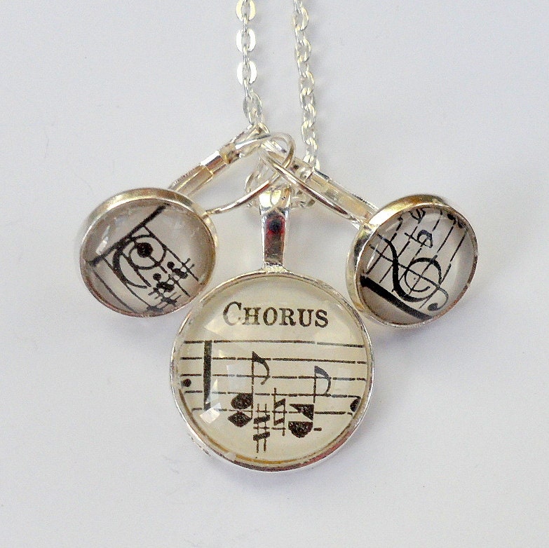 Songbird Vintage Sheet Music Earrings and Necklace Pendant