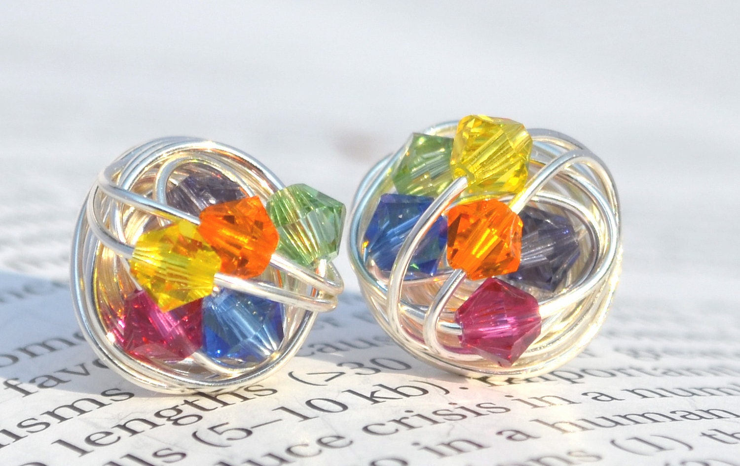 The Rainbow Series-  Signature Wire Wrapped Stud Earrings with rainbow colored swarovski crystal beads