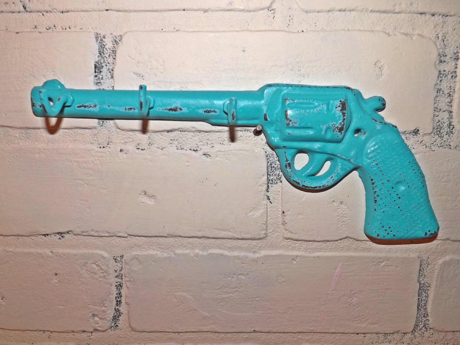 Aqua Blue Key Hook/ Pistol Key Rail /Car Key Hanger / Western Wall Decor  / Gun Key Holder / Shabby Chic Decor