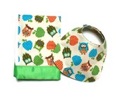 Baby Bib and Burp Cloth Gift Set with Owls and Apples in Green Red and Turquoise