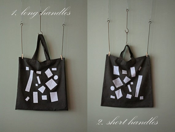Made to Order, Large Market Tote, Shopper Bag : "Squares" Hand-printed on Washed Charcoal Grey