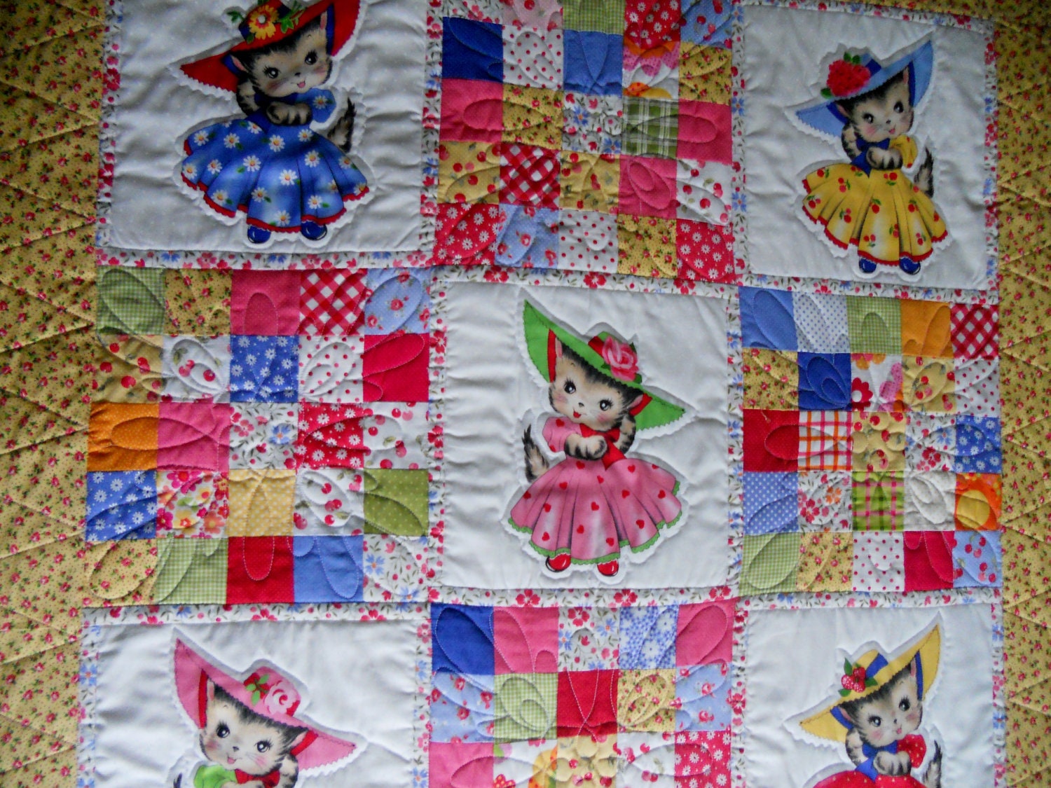 Patchwork Baby Girl Quilt Kitty Dress Up Retro Theme