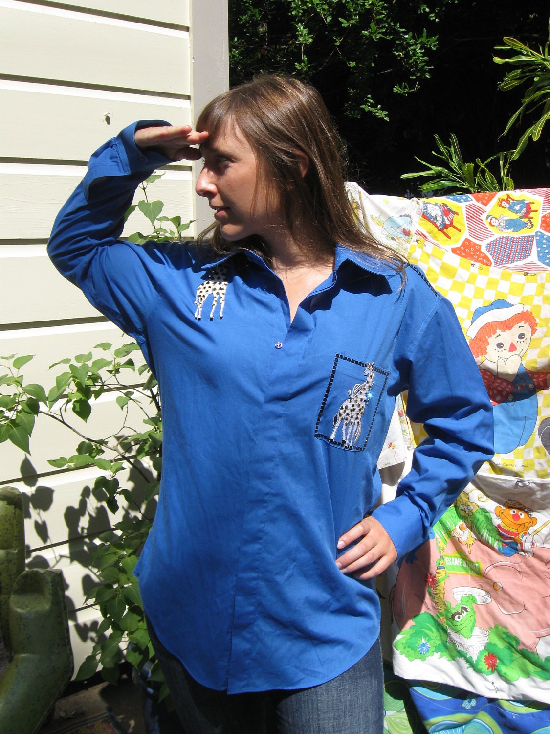 80s Rare Rhinestone Cow-Giraffe  Blouse