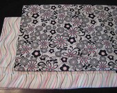 Baby/ Childrens Burp Cloth Flannel White with Pink and Black Flowers/Floral Scrolls