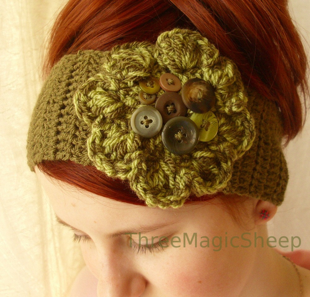 Crochet boho headband headwrap earwarmer - Adult size -  green