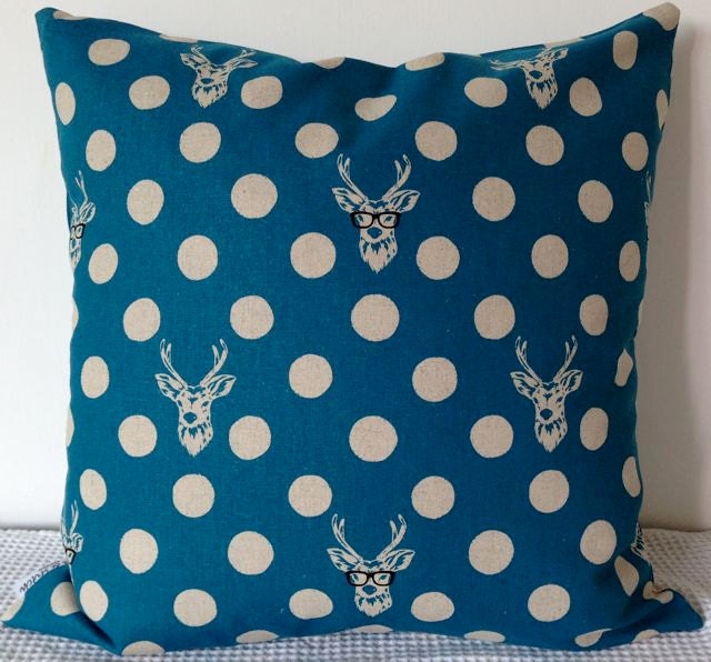 NEW Japanese fabric cushion cover in blue background with deer and dots motif, throw pillow, decorative cushion