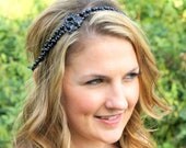 Beaded Headband - Black Pearl Rhinestone With Ribbon Ties - No Headaches