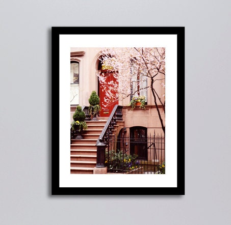 New York City Photograph - Spring in NYC - Urban Home Decor - Red Door Photo - Cherry Blossoms - Front Steps - Peach - Wall Art