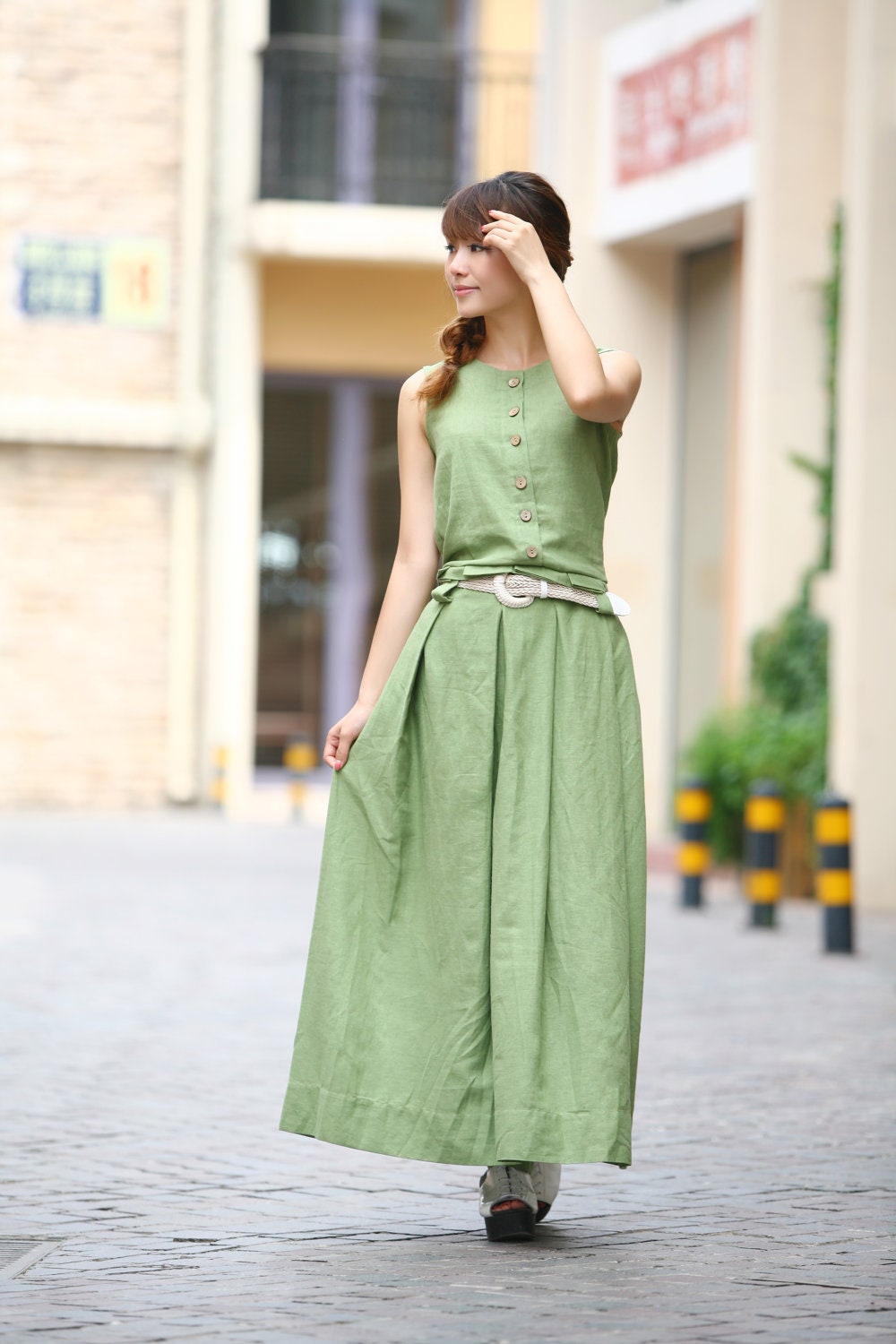 Graceful Long Pleated Maxi Dress - Summer Dress in Green- Linen Sundress for Women-Sleeveless  (R)