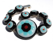 Fused Glass Bracelet, Floral, Stylish, Fashion, Contemporary, Black White Turquoise, Red Coral (Item 20085-LB)