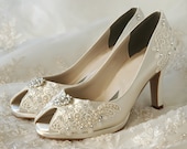 Wedding Shoes - Custom 120 Color Choices- PB826A Vintage Wedding Lace Peep Toe 2 3/4" Heels, Women's Bridal Shoes