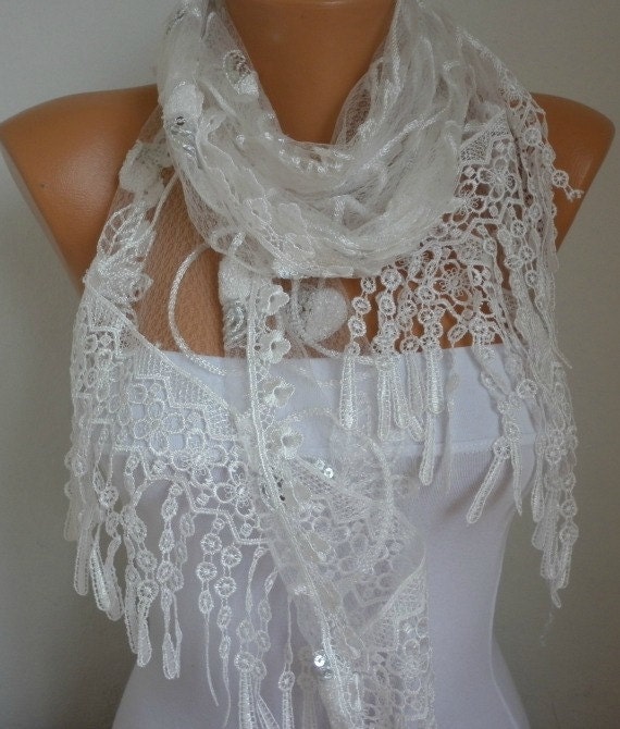 Lace Scarf - scarf shawl - - Free scarf - White - fatwoman