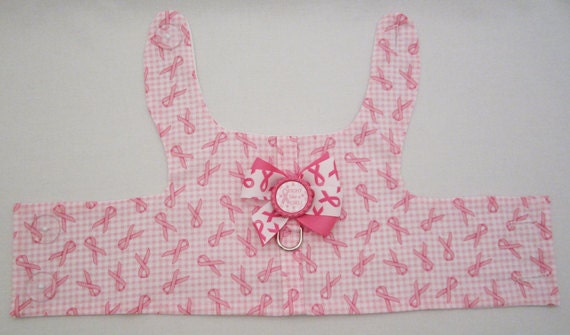 Fight Like a Girl - Dog Harness Vest Custom Made in Pink Ribbon Awareness Fabric, Coordinating Bow and Bottlecap Accent - XXSm, XSm, Sm, Med