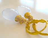 Glowing Periwinkle AAA Gemstone Gold Earrings, Wire Wrapped Pastel Faceted Chalcedony, Ornate 14k Gold Filled Ear Wire, Elegant