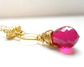 AAA Red Topaz Gemstone Necklace, Briolette Pendant, Matte Gold Accents, Gold Filled Chain, Luxe Fashion Accessory
