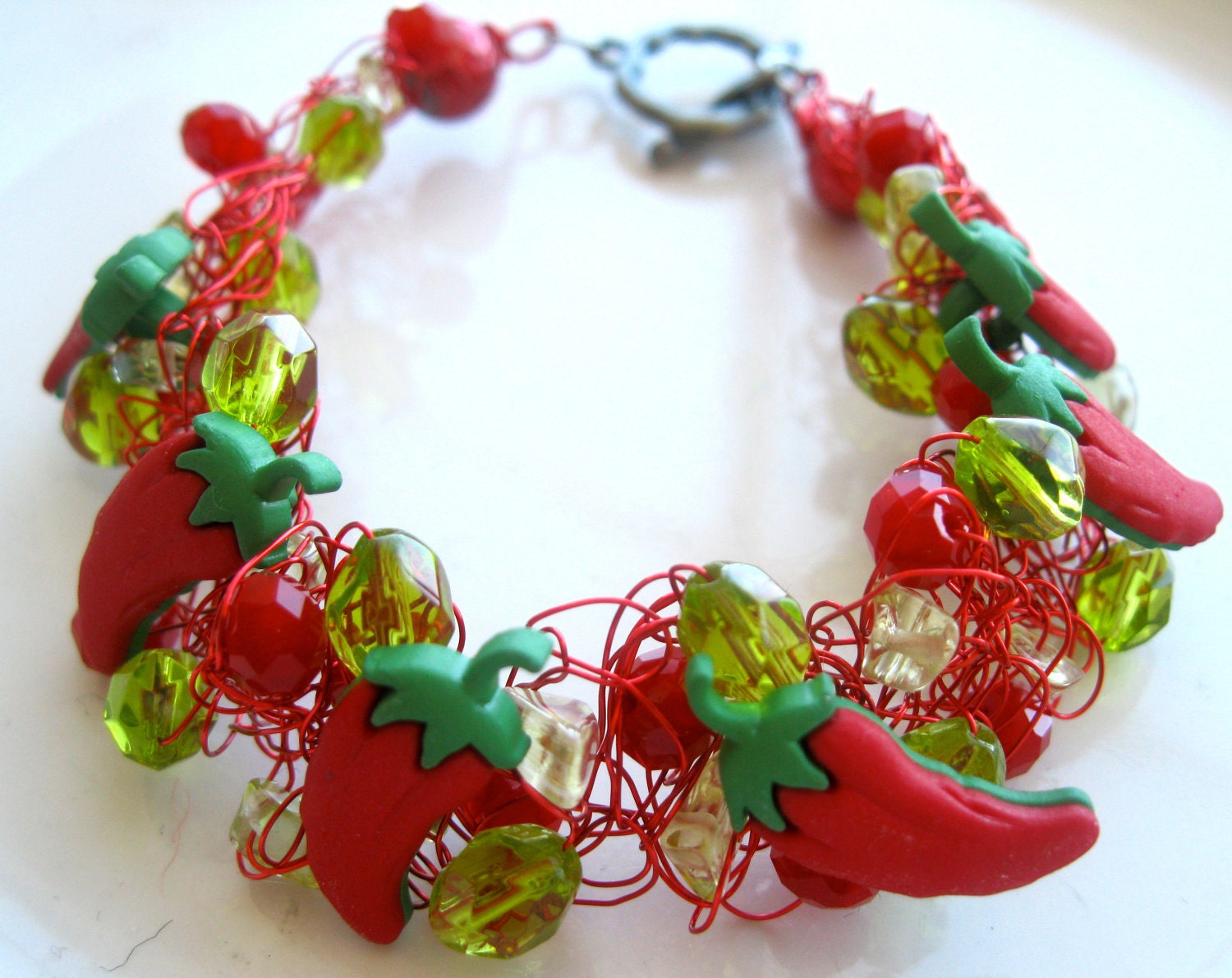 PEPPERS (Wire Crochet Charm Bracelet with Button Charms and glass crystals)