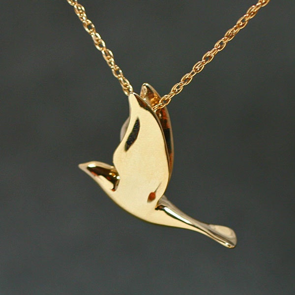DOVE PENDANT, Graceful, Fully 3-dimensional, handmade in 14k yellow gold. Larger 14k Dove