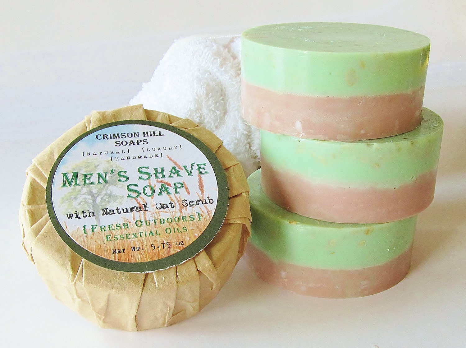 Men's Natural Shave Soap with Oat Scrub - Fresh Outdoors scent, large 5 oz round soap, handmade, shaving, glycerin, gift
