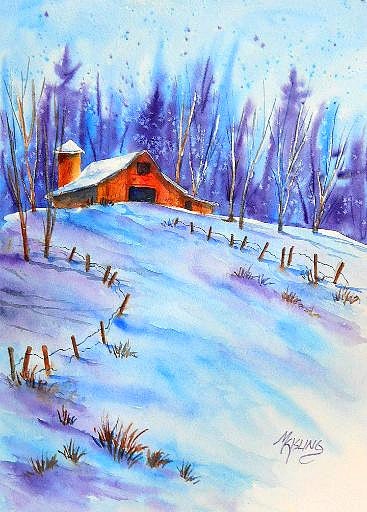 STUDIO SALE - Watercolor Of Mountain Barn and Snow with Trees by Colorado Artist Martha Kisling Watercolor