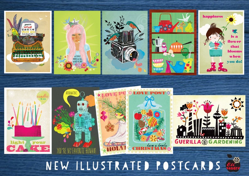a  set of 20 brand new illustrated postcards-10 motives, each 2 pieces