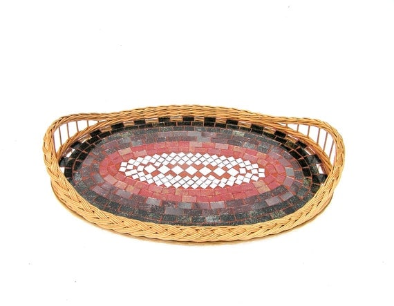Serving tray mosaic in red and black decorated with mirror terracotta home decor