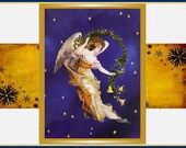 gold angel Christmas greeting card - blue, gold, off white - blank