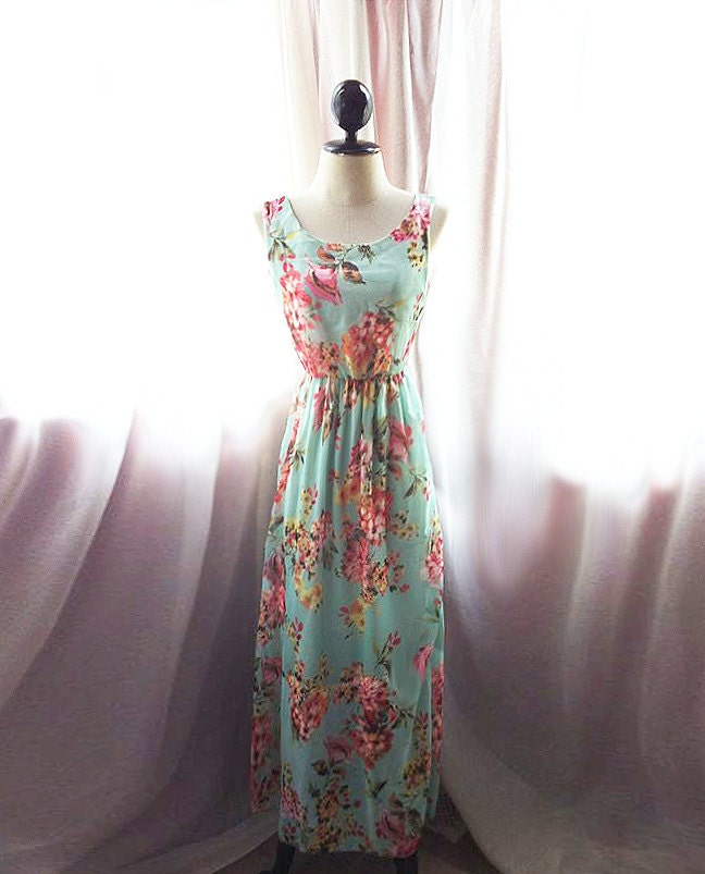 Seafoam Green Minty Robin Egg Tiffany Blue Pumpkin Orange Fuchsia Pink Floral Gypsy Happy Dream Country Spring Jardin Hippie Chiffon Dress