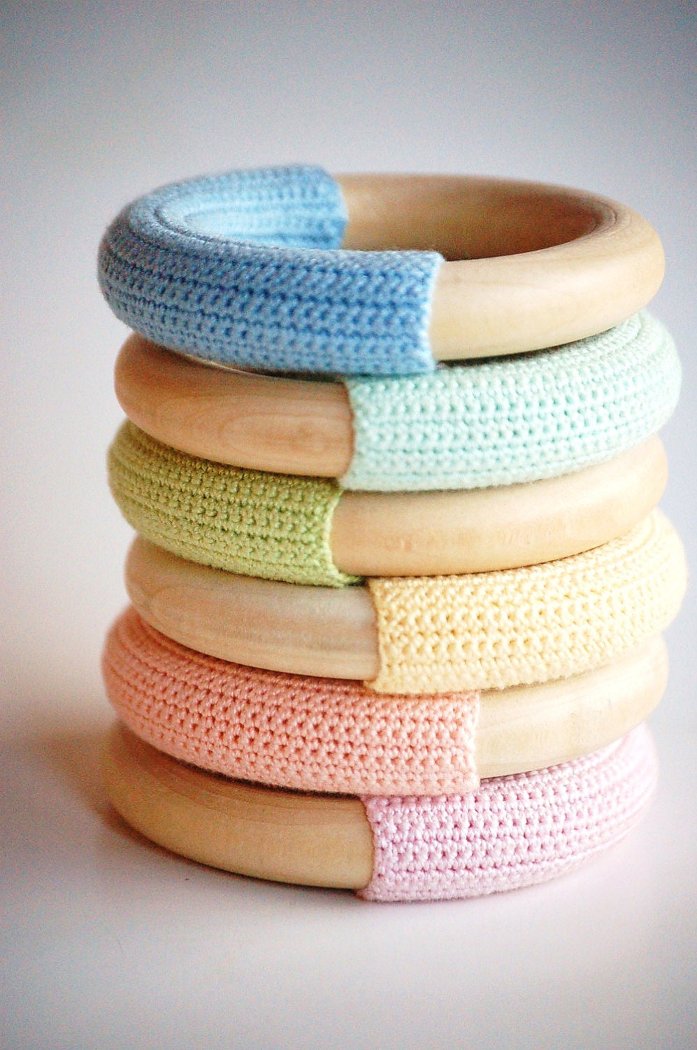 Waldorf-Baby-Teething- WOOD n WOOL-  PASTEL Collection- Natural Maple Wood Crochet Teething Ring Baby Toy- Rainbow Colors- You Pick