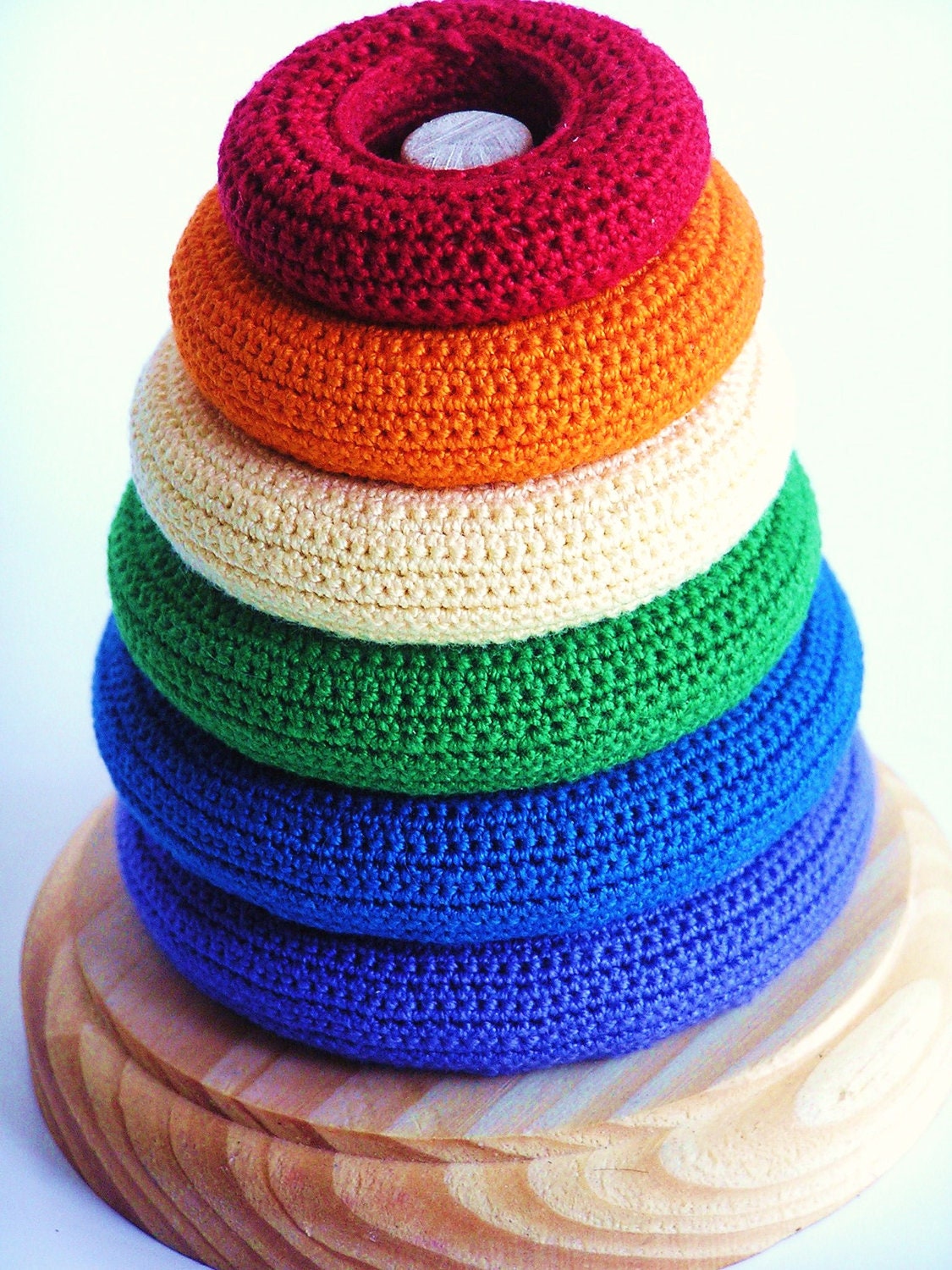 Waldorf-Stacking Toy-Baby-Teething -Natural Wood n Wool -STACKING RINGS- Educational Rainbow Teething Sensory Toy