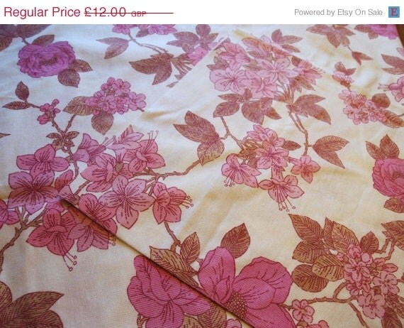 ON SALE 64 x 47 Vintage Fabric Pink Flowers